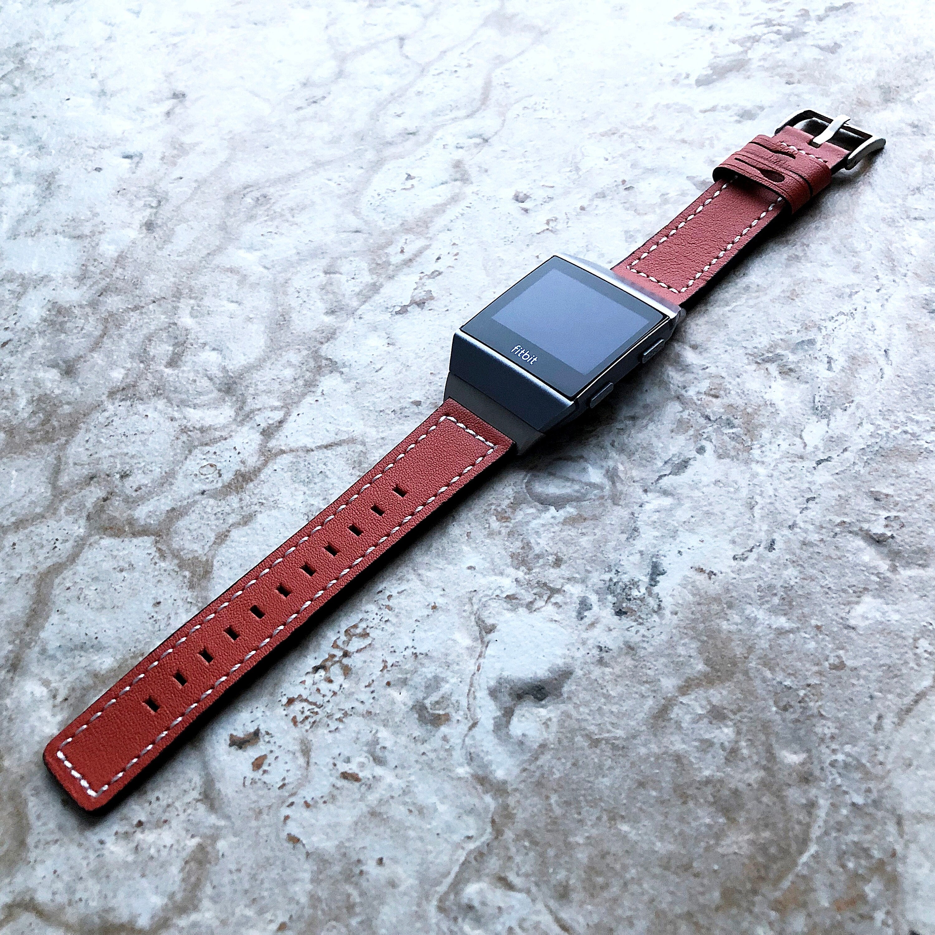 Fitbit Ionic Dark Orange Soft Leather Band Strap with White Stitches for Watch Band Strap Quick Release Adapters in Silver Rose Gold Black